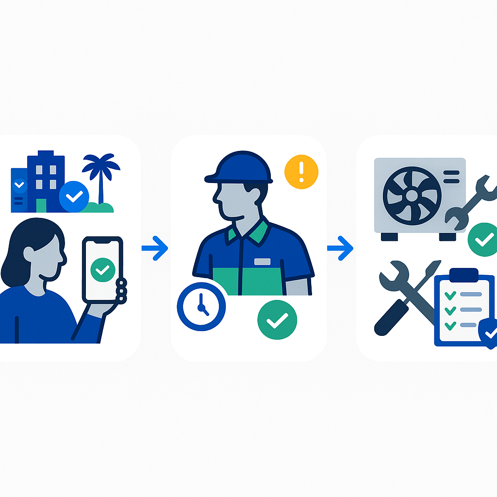 Sequential icon-based flowchart showing emergency HVAC response steps