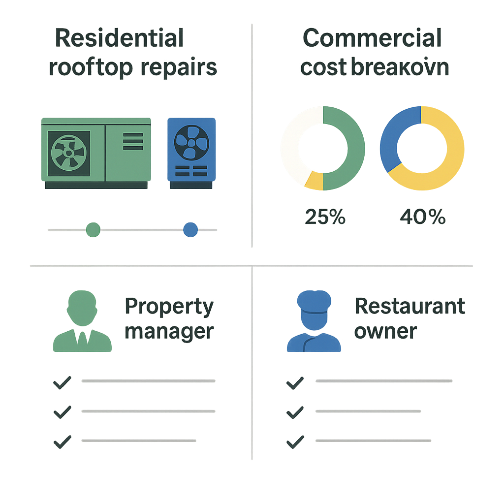 Comparison matrix of residential and commercial rooftop repair logistics and costs
