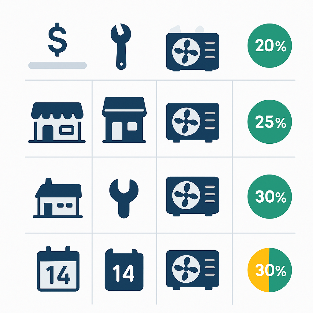Icon-based comparison of HVAC installation, repair, maintenance, and SLA benefits with cost bands and proportional circular badges