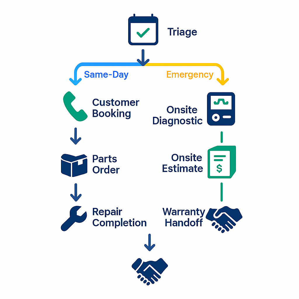 Step-by-step booking to repair flow with emergency and same-day branches