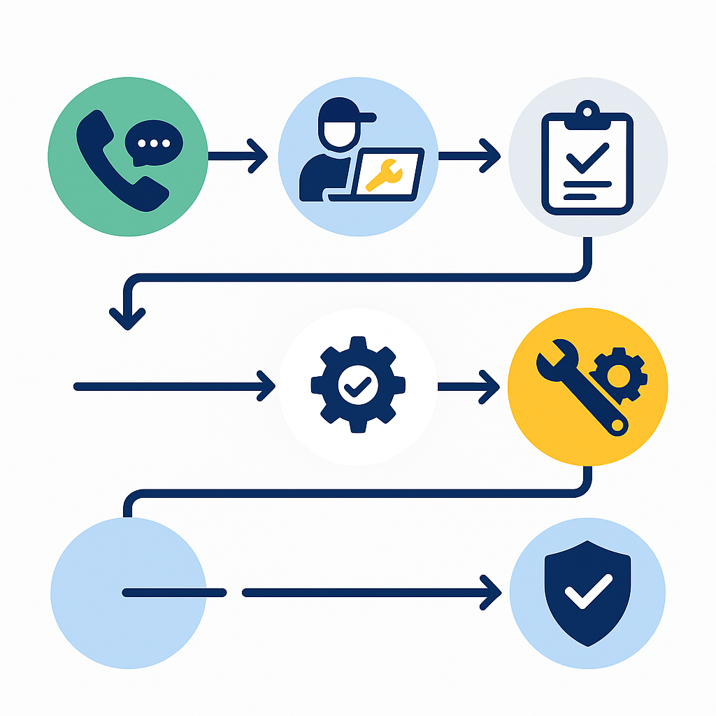 Process flow from call/SMS/quote to onsite diagnostic, repair approval, parts replacement, and follow-up; timelines indicated: emergency 1-3 hours, same-day within 6 hours, minor repairs 1-3 hours, major repairs 1-2 days
