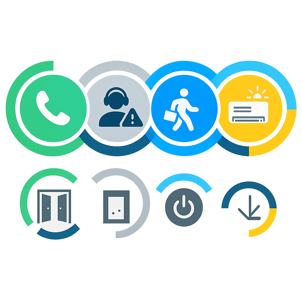 Process-flow icons showing contact, dispatch, and onsite AC repair stages
