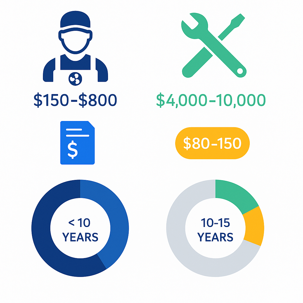 Infographic comparing AC repair and replacement cost ranges with pie charts