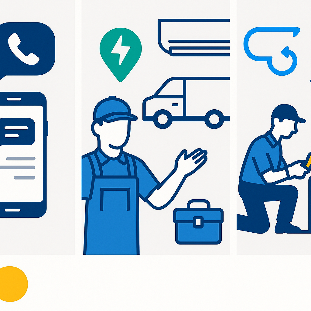 Sequential icon-based process flow for HVAC emergency dispatch and guest-ready sign-off