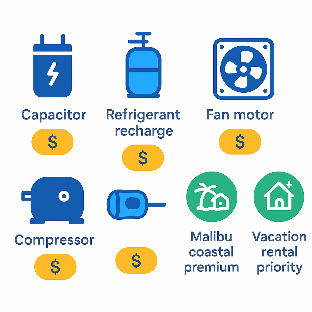 Icon-based cost breakdown for common air conditioning repairs with local premium indicators