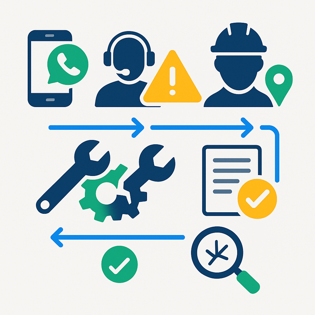 Step-by-step icon flow showing contact, triage, dispatch, diagnosis, repair, permit initiation, inspection, closeout