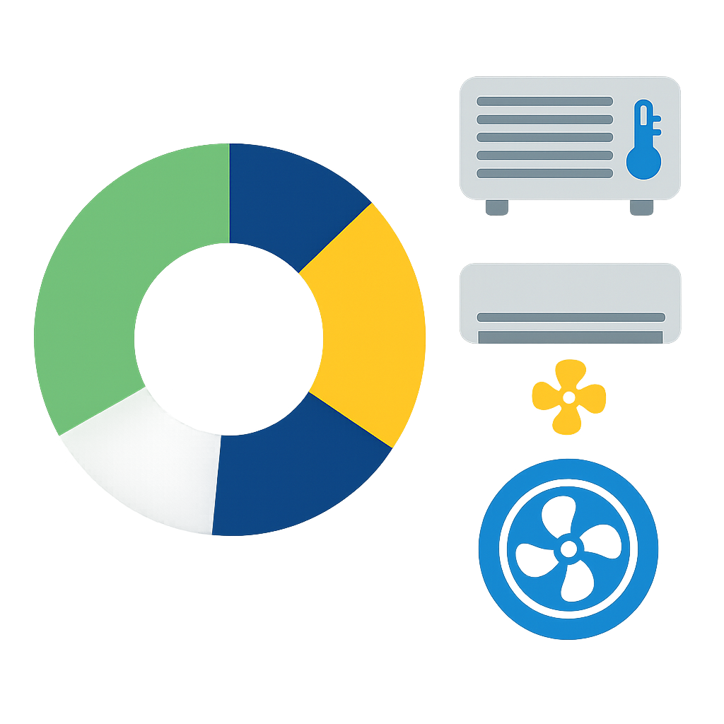 Radial donut chart and icon array comparing SEER, HSPF, and COP efficiency bands