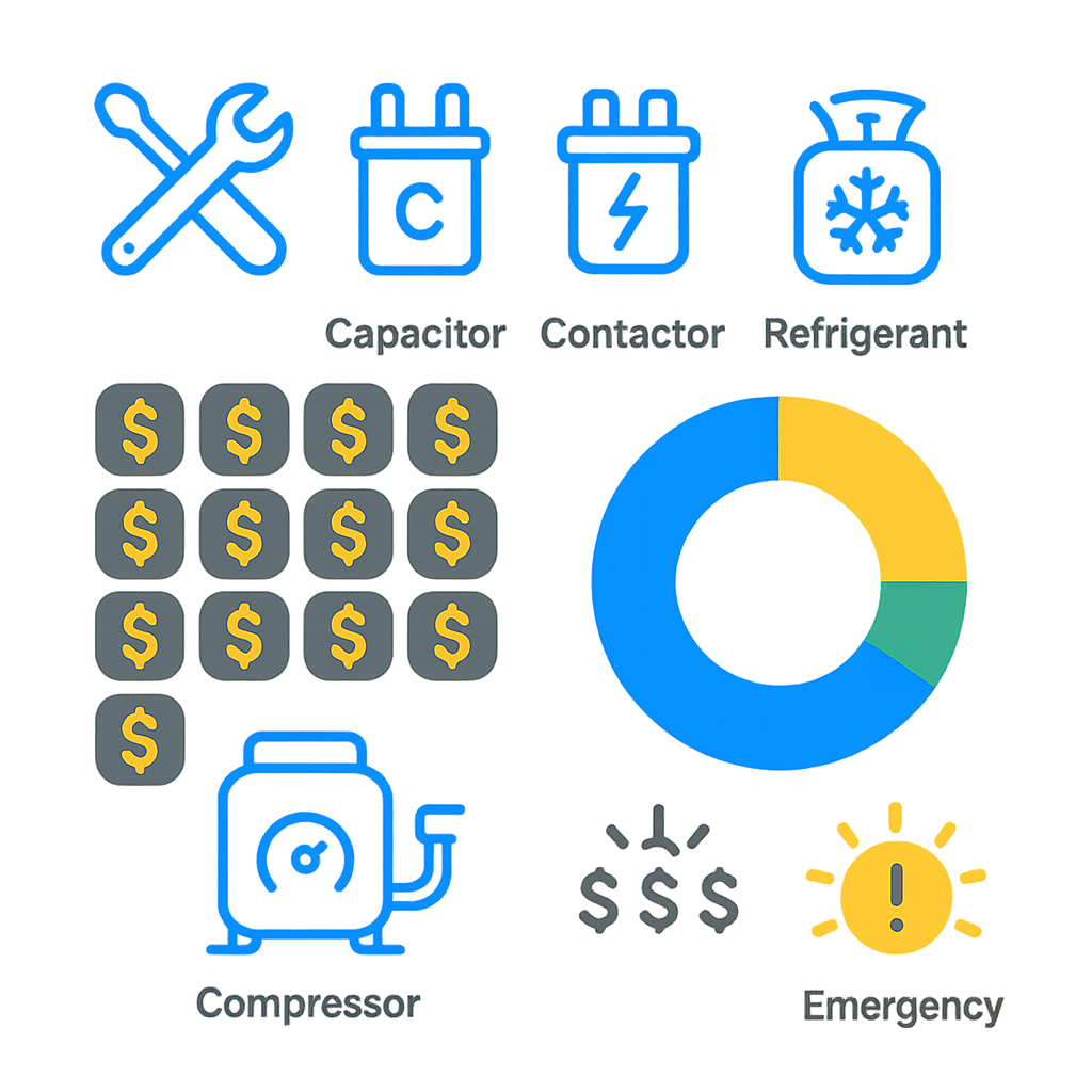 Icon-based infographic showing typical HVAC repair cost ranges and common fixes