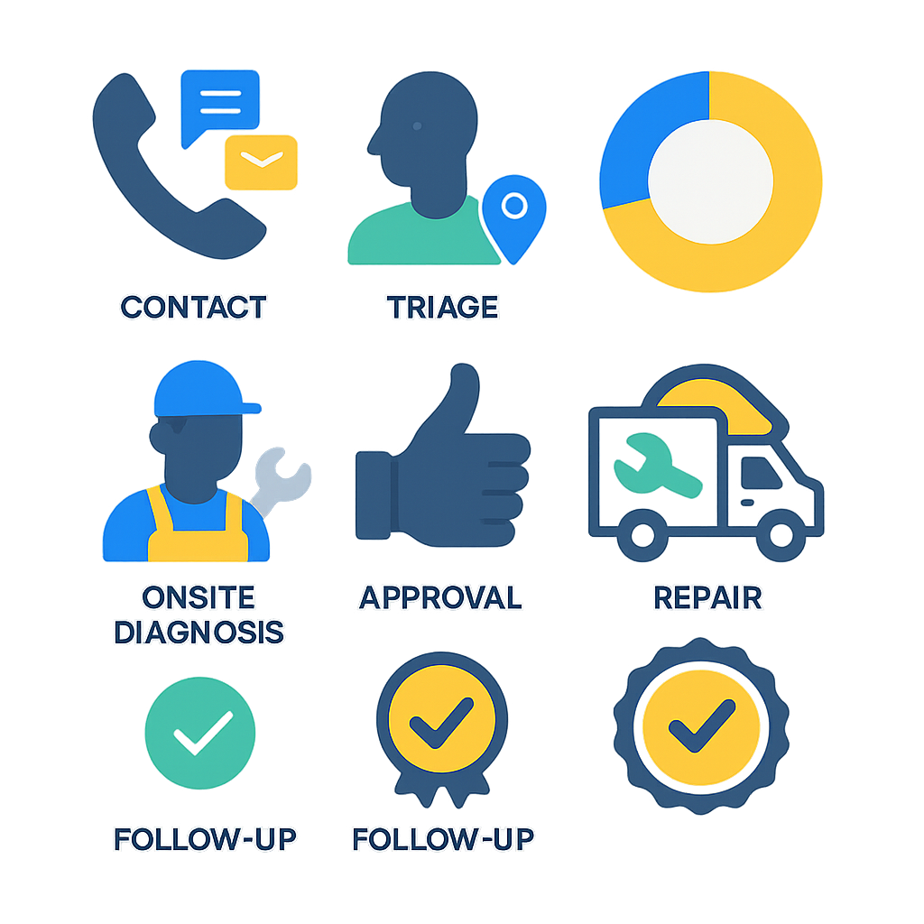 Process-flow diagram of same-day HVAC repair steps from contact to follow-up