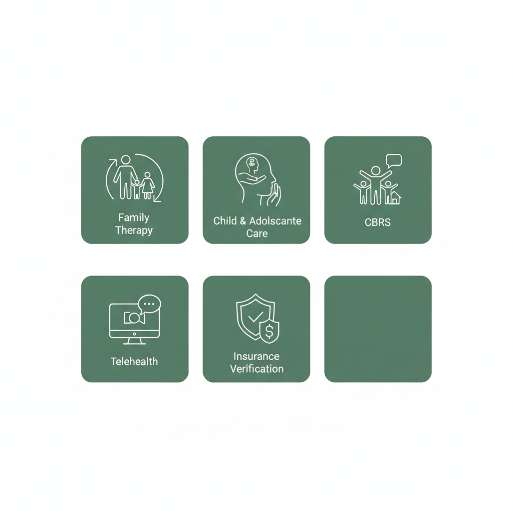 Square icon grid for family counseling, CBRS, telehealth, and insurance verification