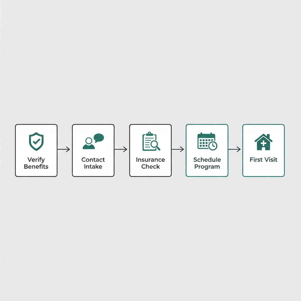 Horizontal intake flow showing five stages from benefits verification to first visit