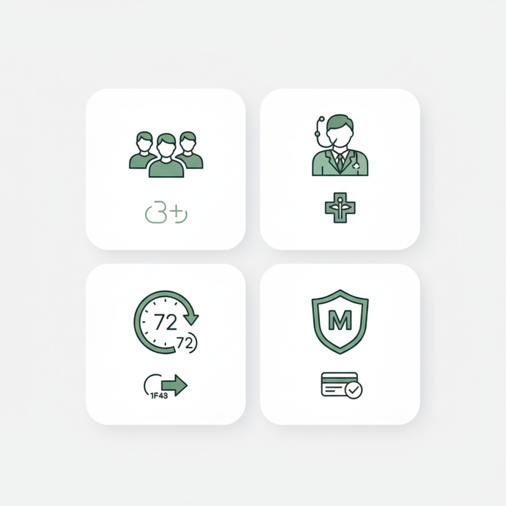 Square infographic with four panels highlighting group sizes, staff, access time, and Medicaid acceptance