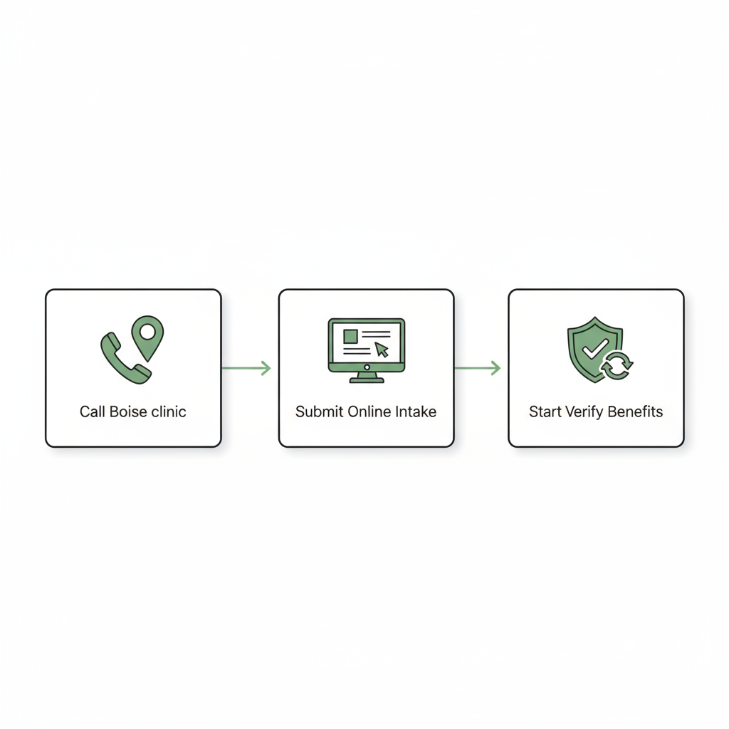 Three-step horizontal flow showing calling clinic, submitting intake, and benefits verification.