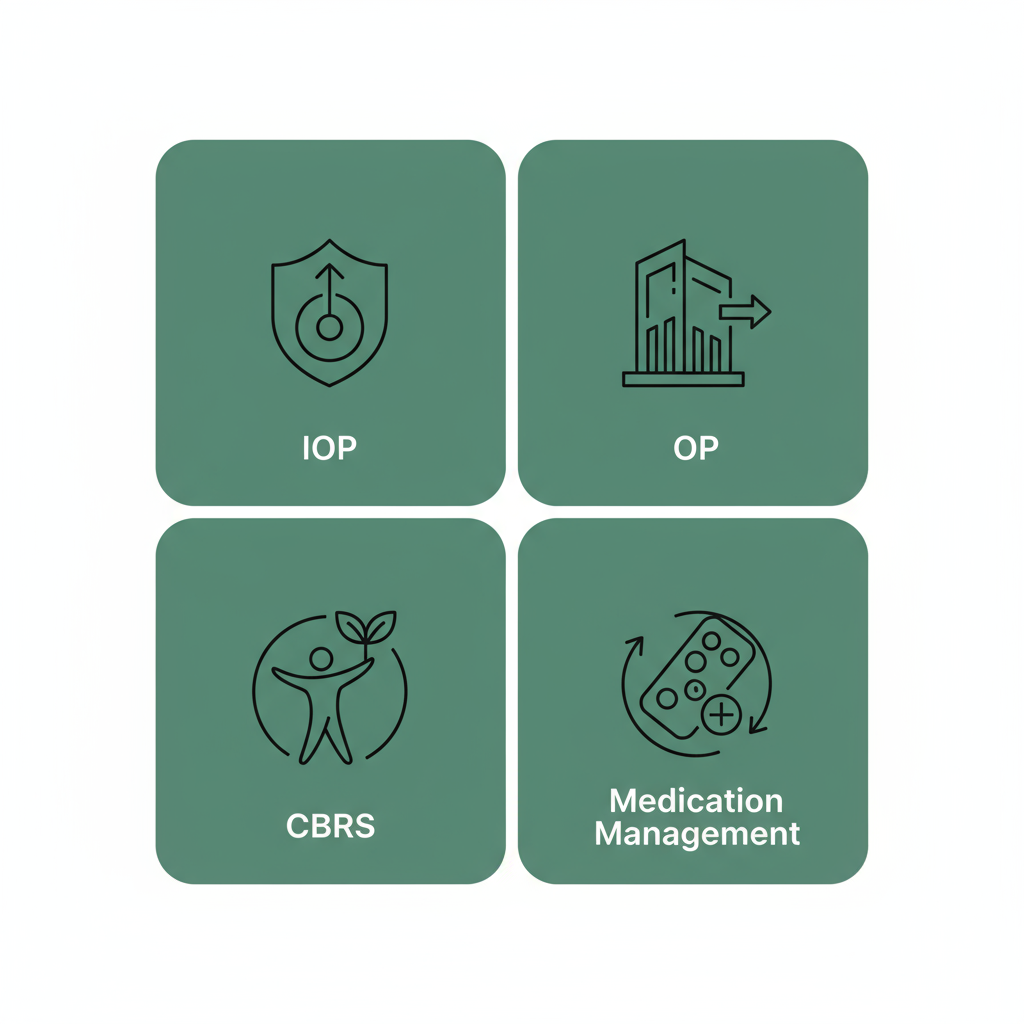 Icons for IOP, OP, CBRS, Medication Management in Boise