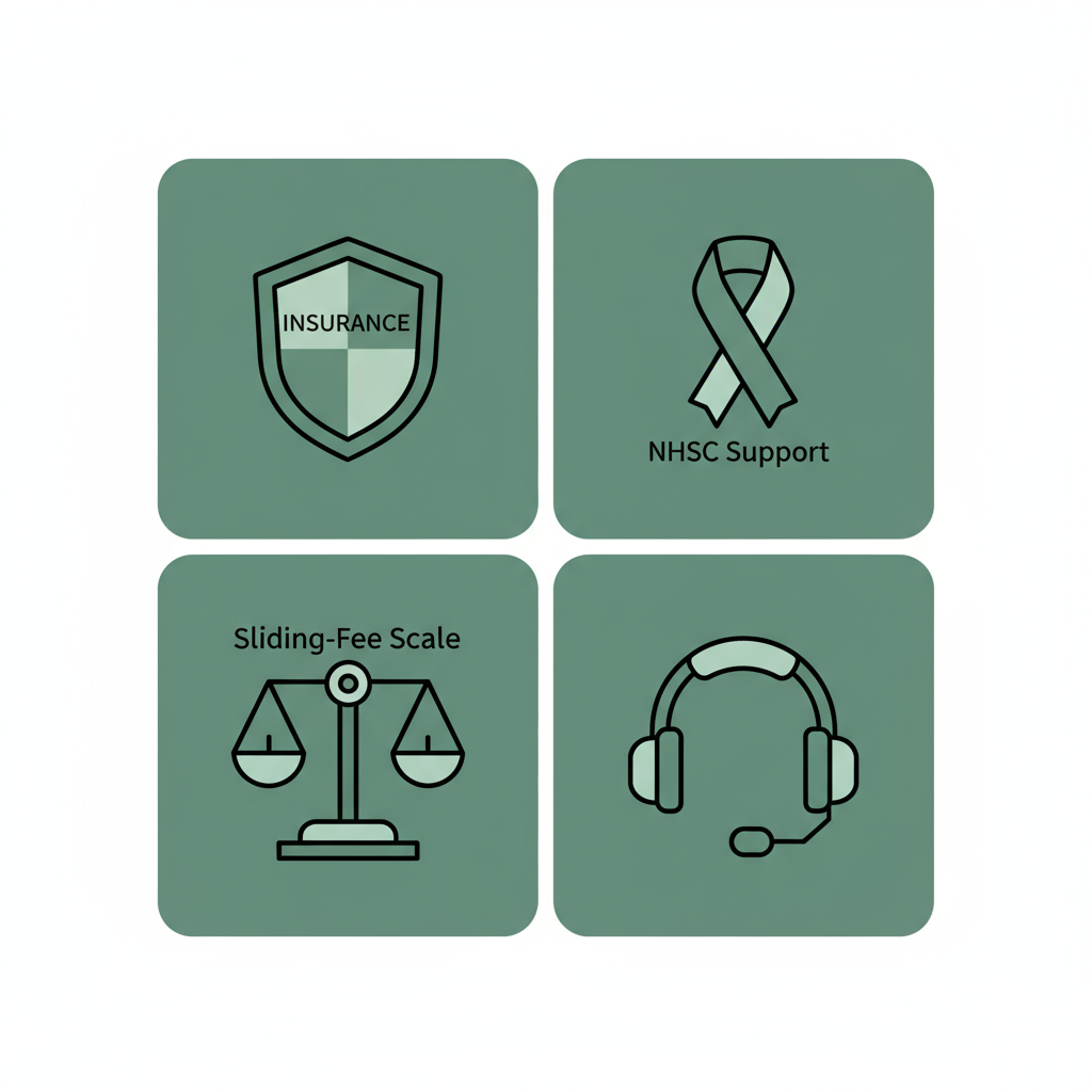 2x2 icon grid representing insurance, NHSC support, sliding fee scale, and telehealth.
