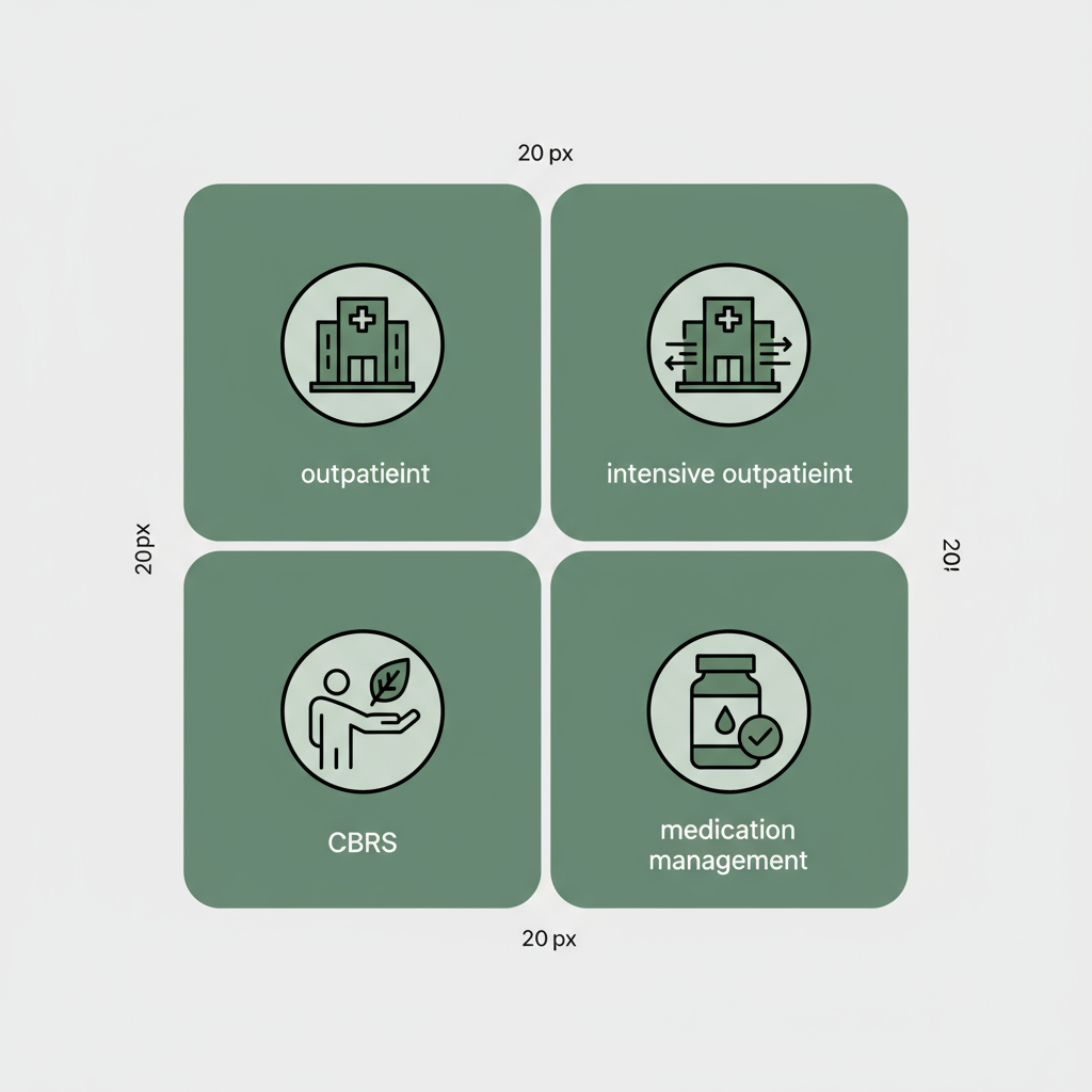 Two-by-two icon grid representing outpatient, intensive outpatient, CBRS, and medication management.