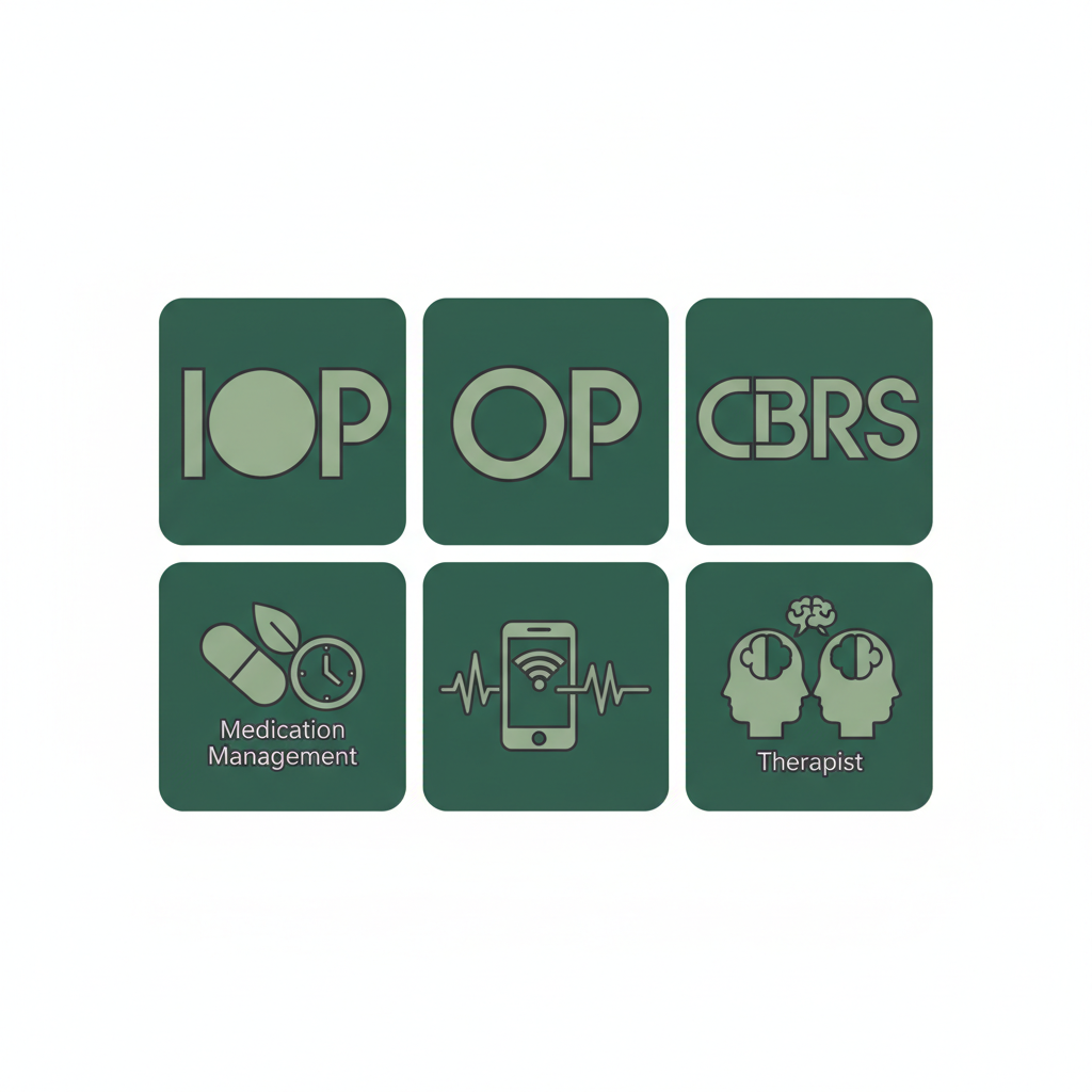 Grid of six service icons representing IOP, OP, CBRS, medication management, telehealth, and therapy