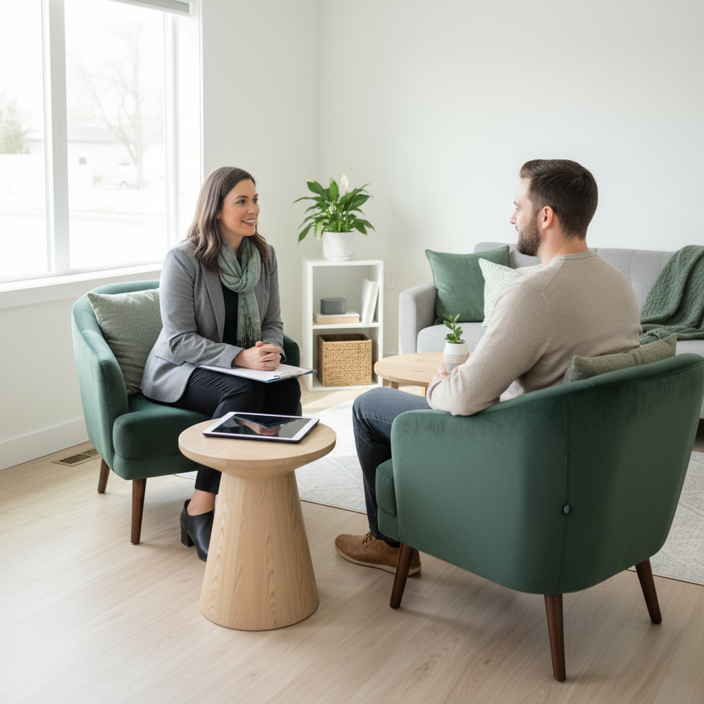 Clinician and client in an outpatient therapy session in a clean counseling room.