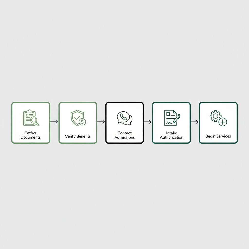 Horizontal diagram of five steps to verify benefits and begin outpatient services.