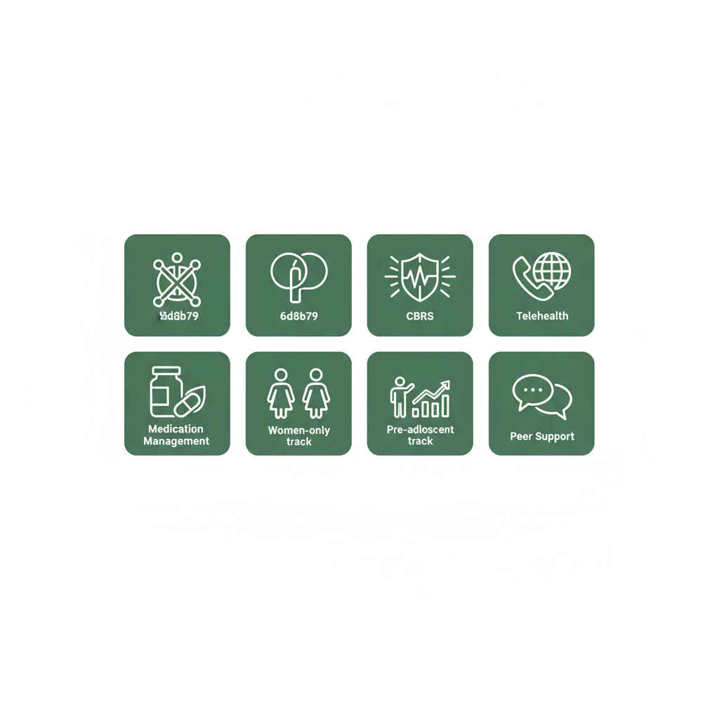 Grid of eight icons representing IOP, OP, CBRS, telehealth, medication management, women-only and pre-adolescent tracks, and peer support.