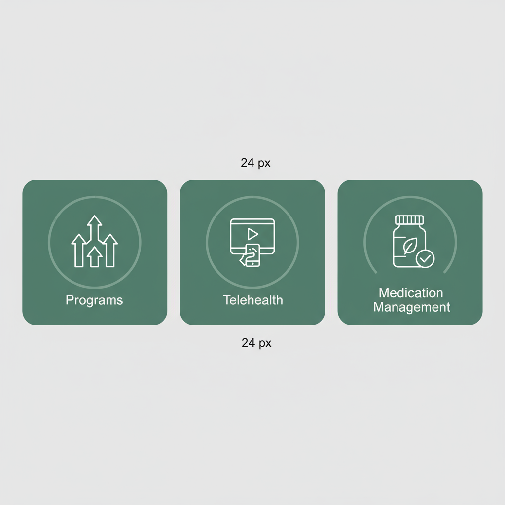 Three stat cards showing programs, telehealth, and medication management availability in Boise.