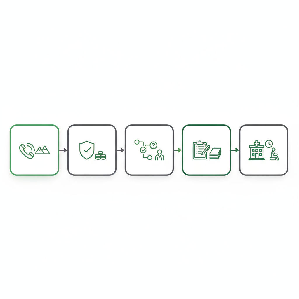 Horizontal process diagram of five appointment scheduling steps using muted green palette and minimal icons.