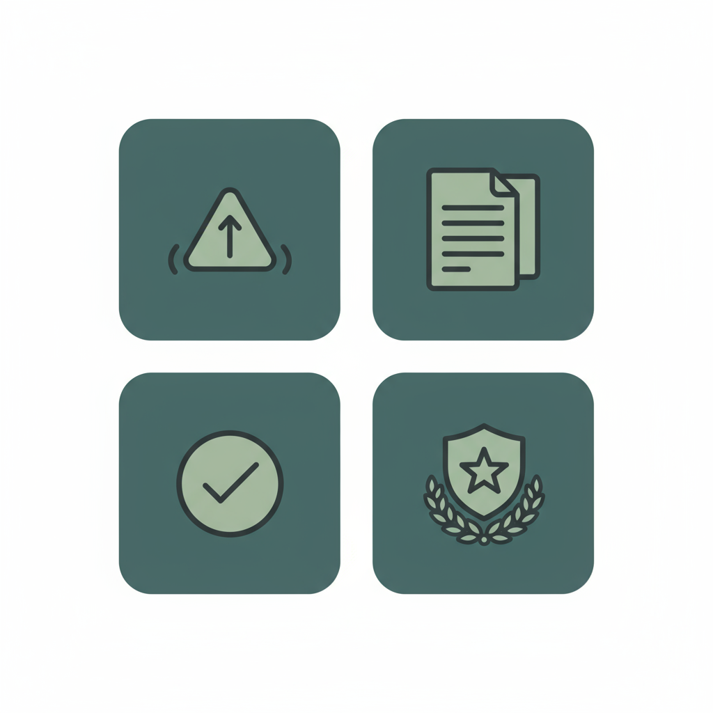 Four healthcare icons for urgency, documents, verification, and veteran support arranged in a 2 by 2 grid on muted green backgrounds.