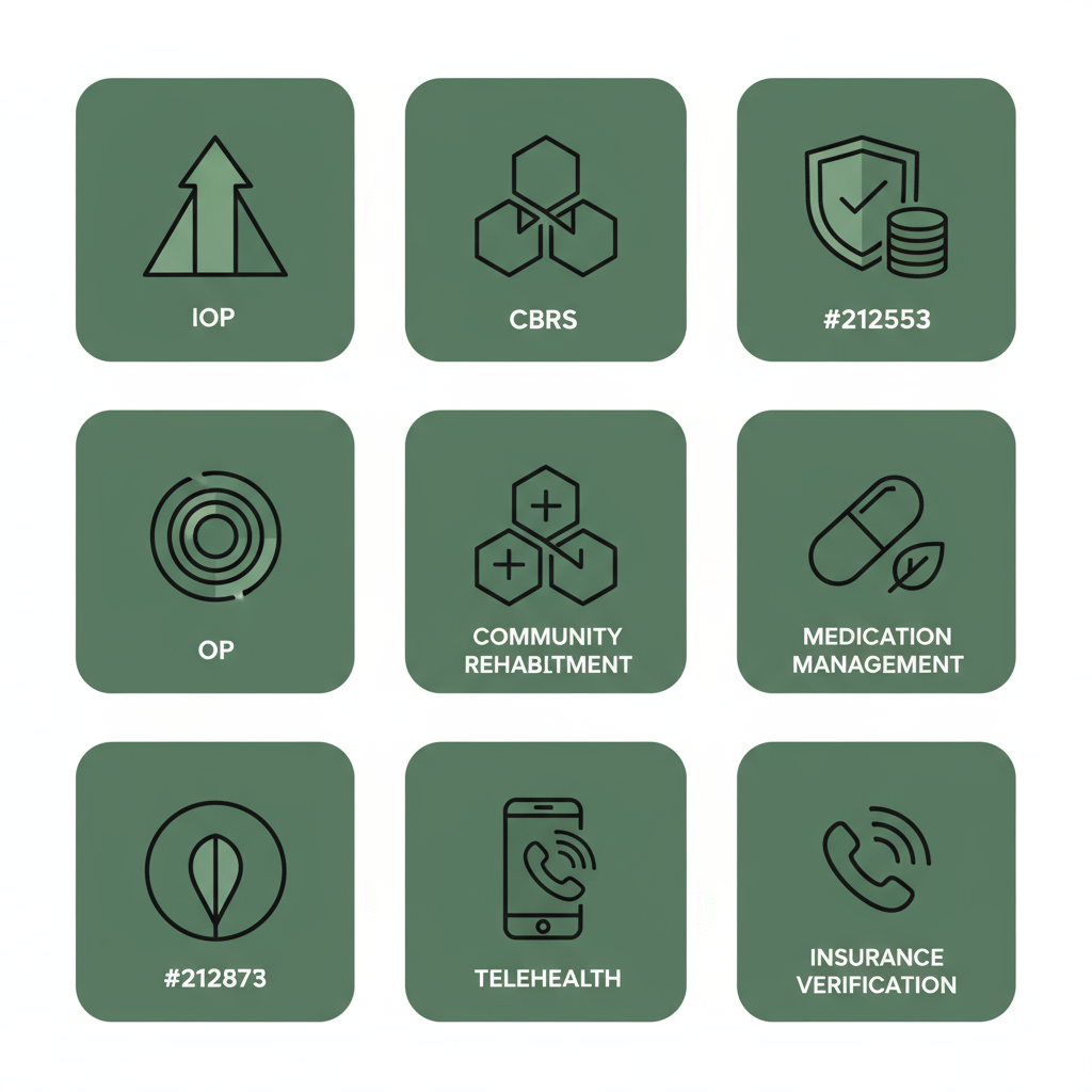Row of six service icons representing core clinic offerings