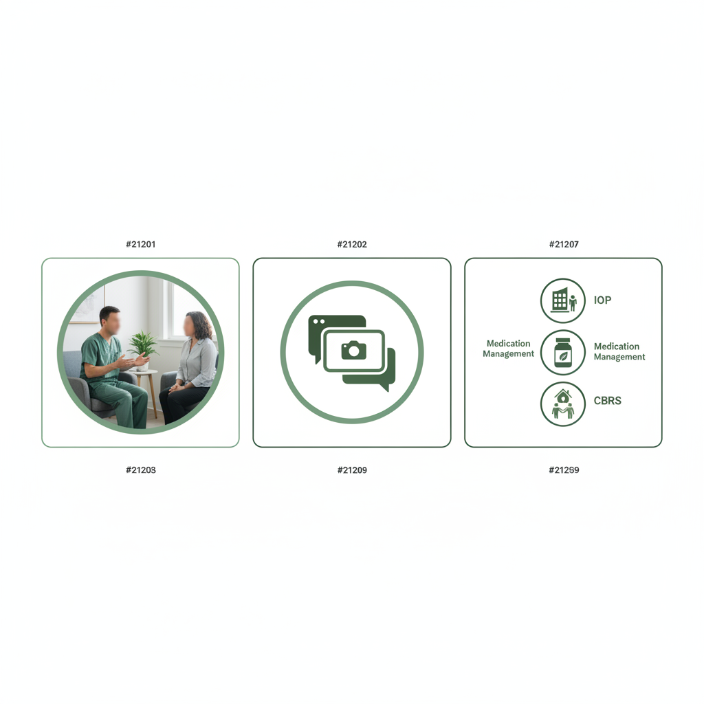 Three equal number cards showing clinician vignette, telehealth icon, and service icons in brand green palette.