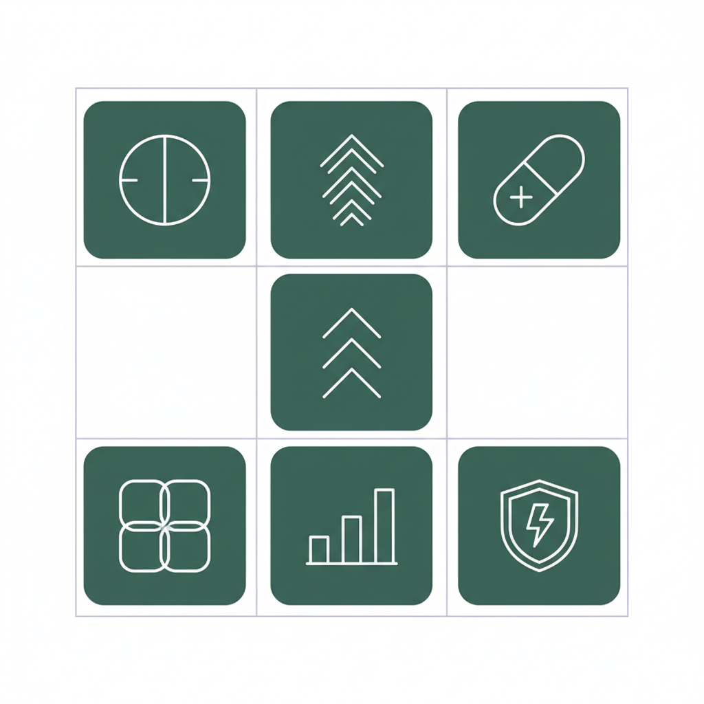 Square icon grid showing six treatment options including IOP and medication management