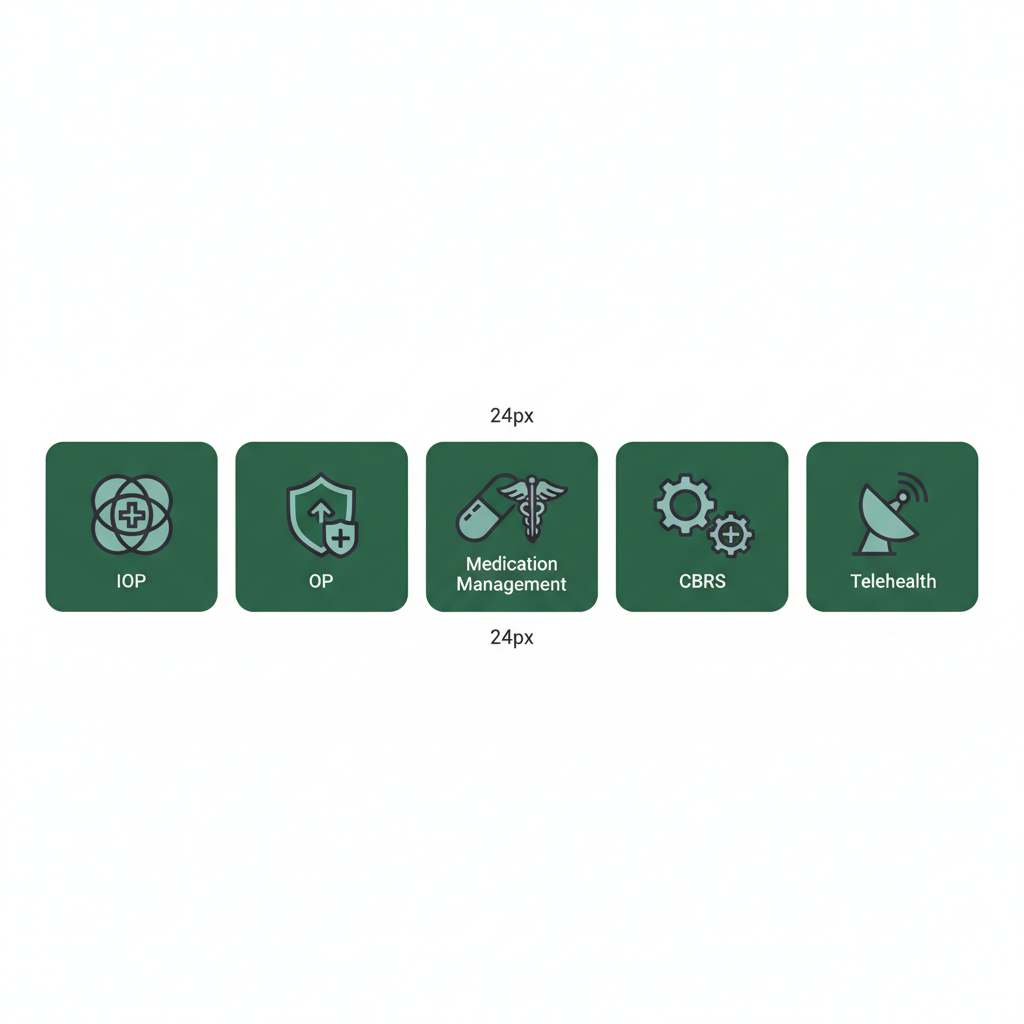 Five icons representing IOP, OP, medication management, CBRS, and telehealth