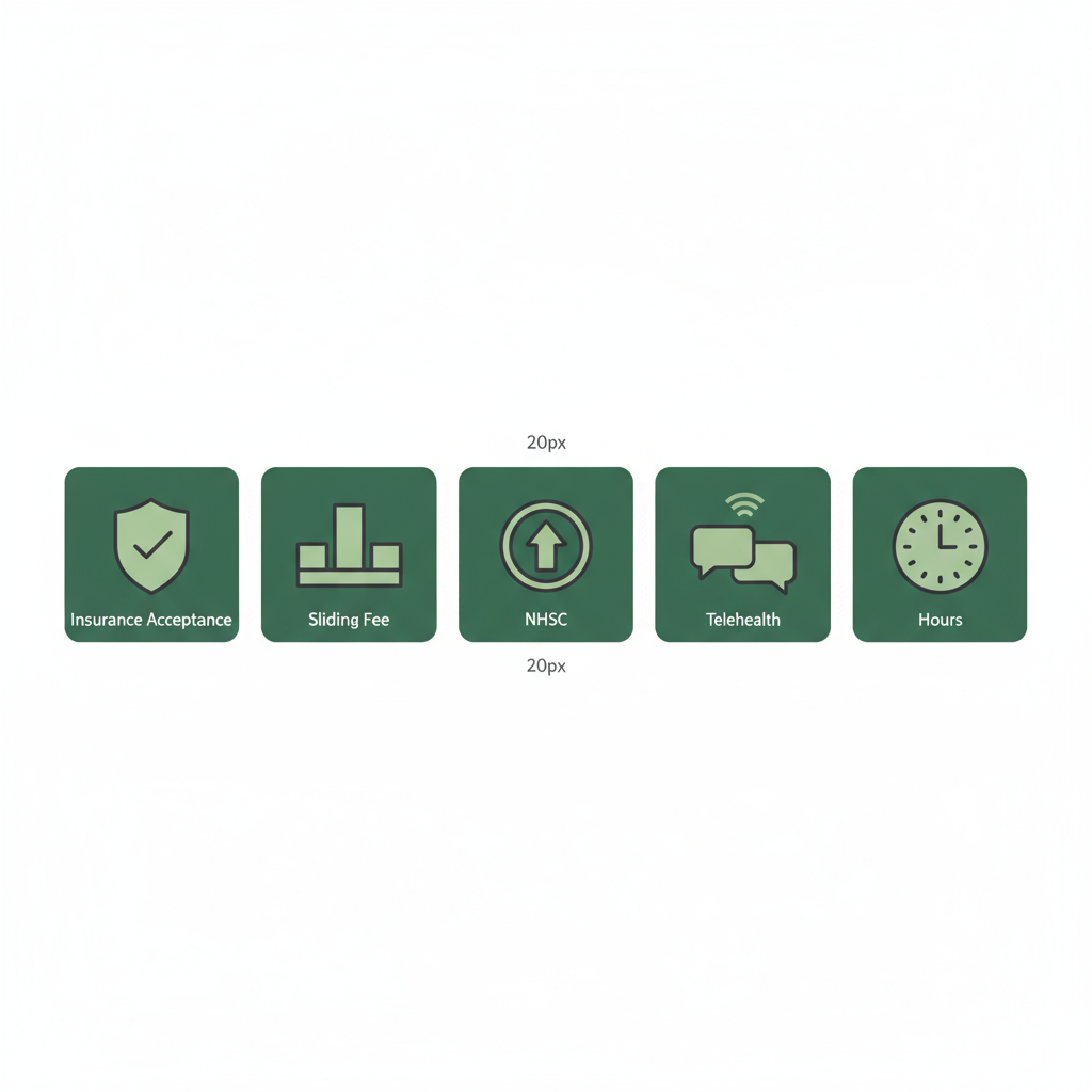 Icons for insurance, sliding fee, telehealth, hours.