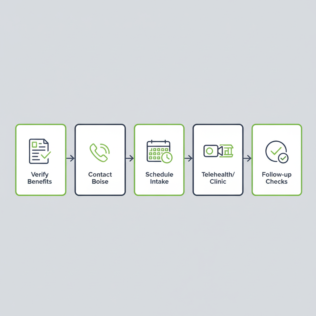 Horizontal diagram showing five-step patient scheduling and verification pathway.