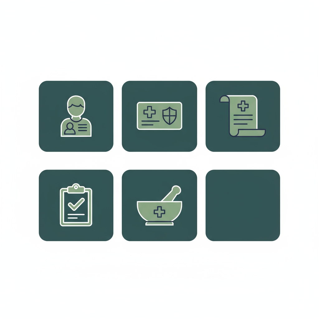 Square icon grid showing items to bring before an appointment, with one empty container.