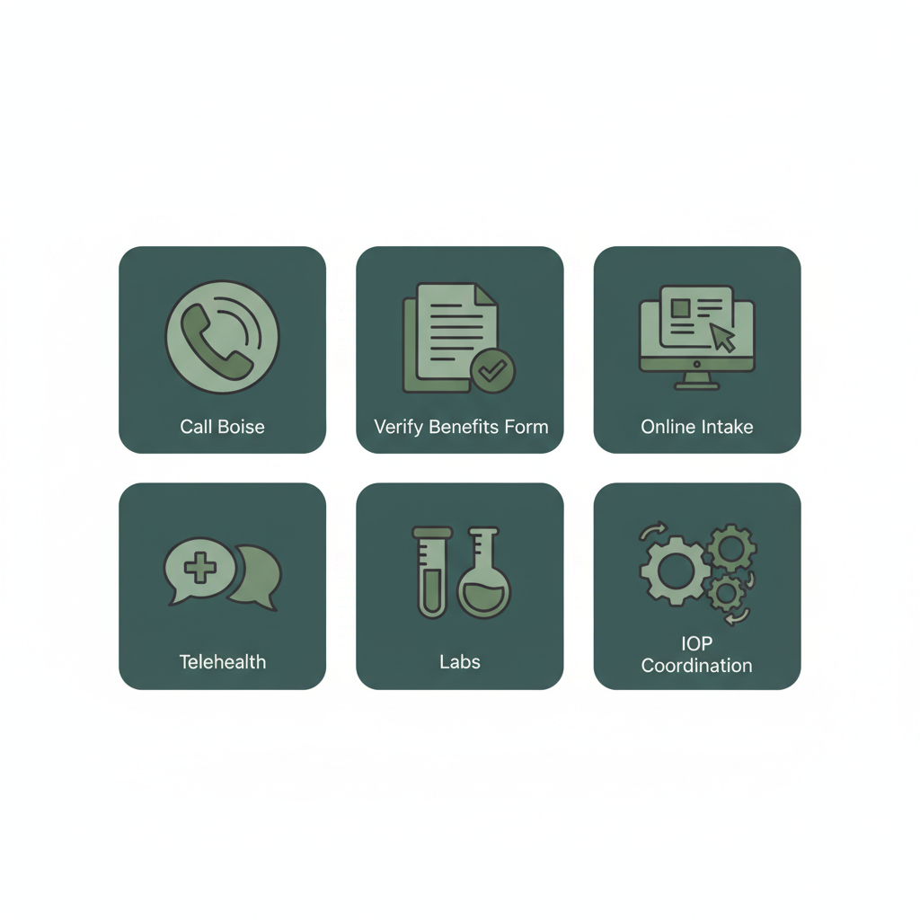 Grid of six service icons representing call, benefits form, intake, telehealth, labs, and IOP coordination, no visible text.