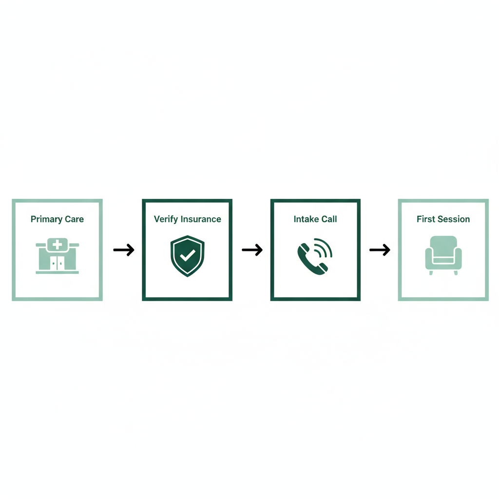 Horizontal diagram showing four-step referral path to first session