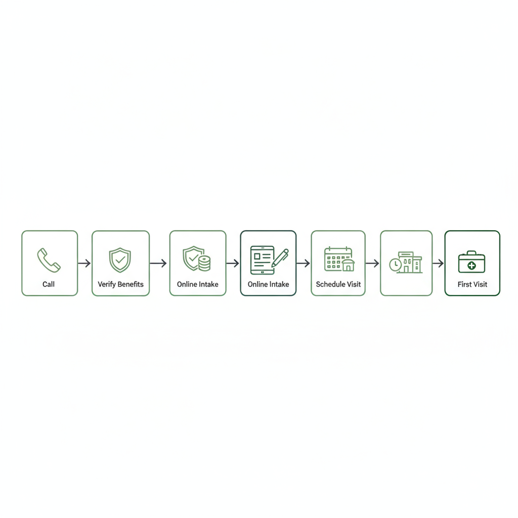 Horizontal diagram of the five-step intake process for outpatient mental health care.
