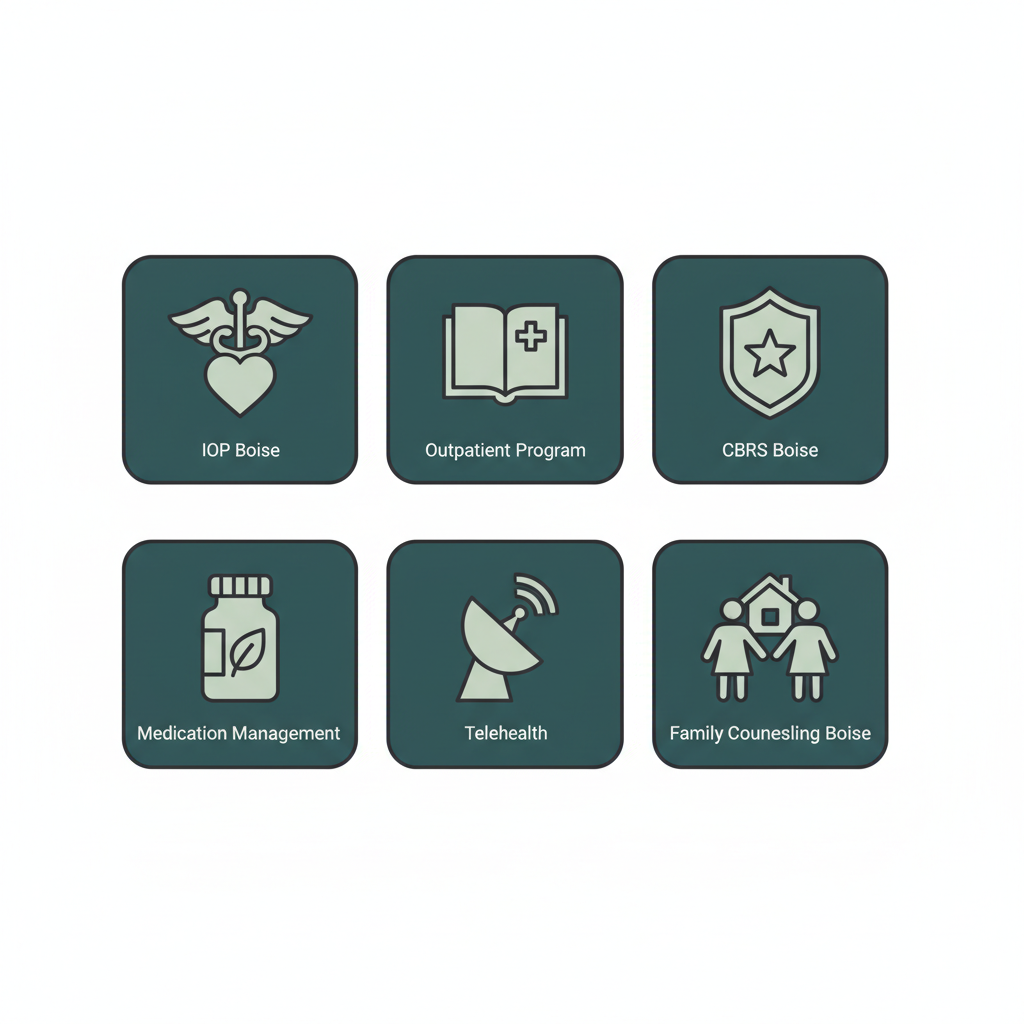 Grid of six icons representing IOP, OP, CBRS, medication management, telehealth, and family counseling services.