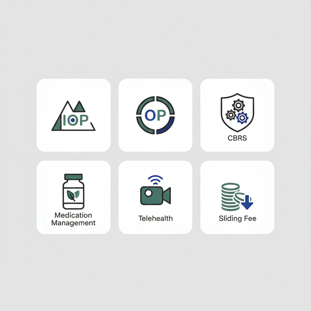 Square icon grid representing core outpatient mental health services and supports