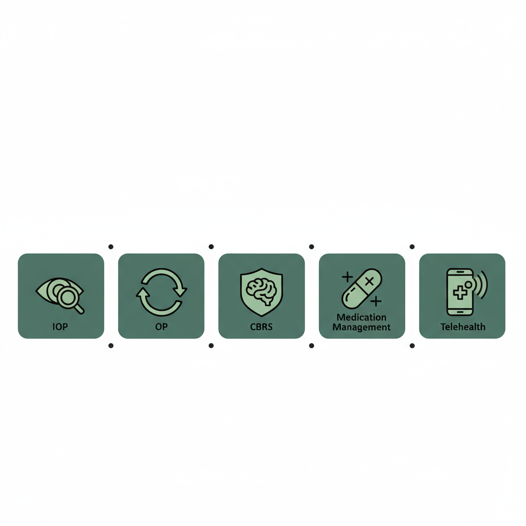 Horizontal icon array for enrollment-ready services including IOP, OP, CBRS, medication management, and telehealth