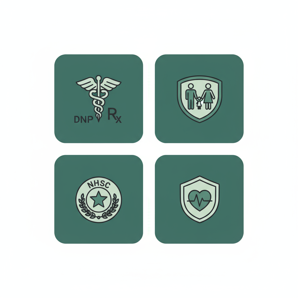 Four square icons representing clinician credentials and trust signals