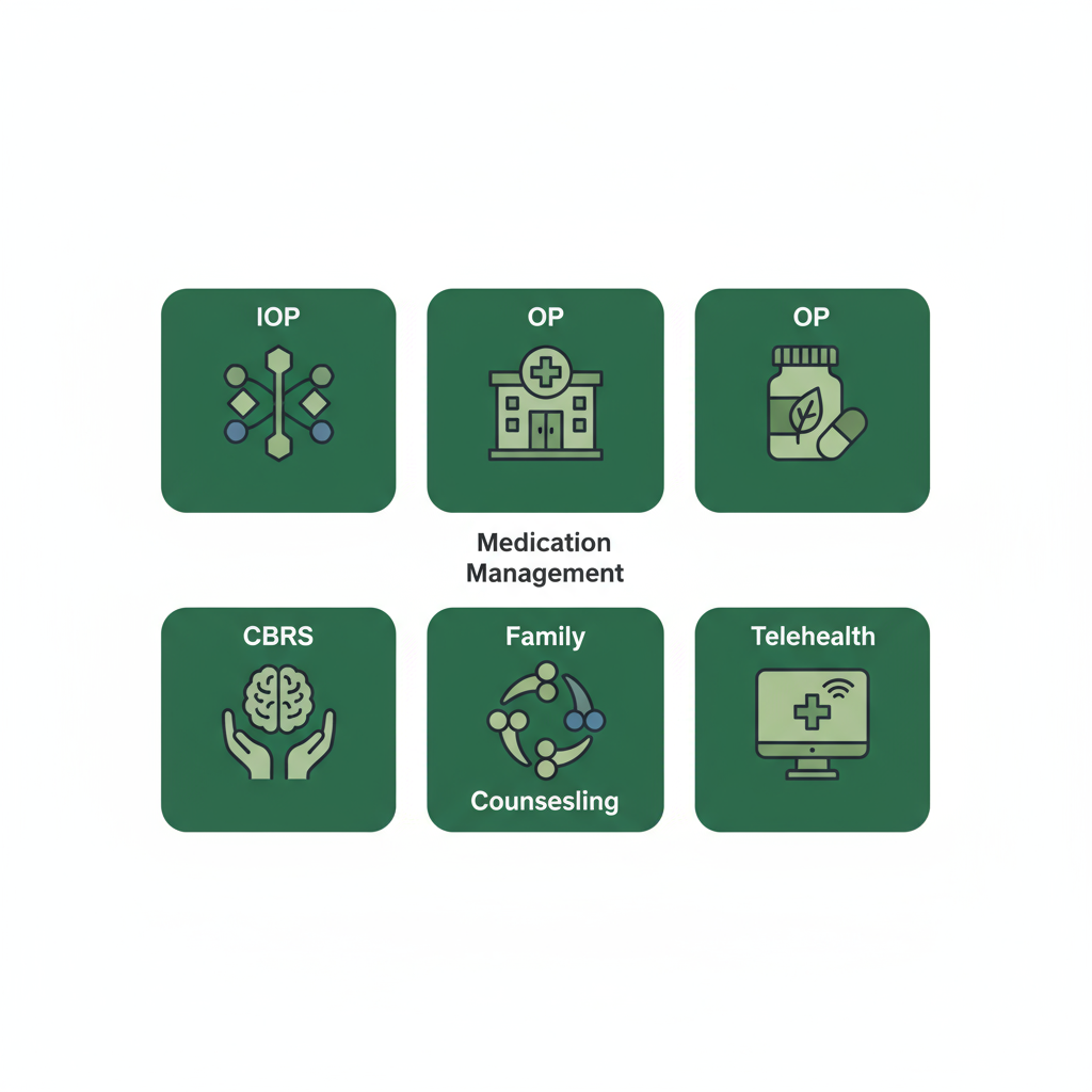 Three-by-two icon grid representing local programs like IOP, OP, CBRS, medication management, family counseling, and telehealth.
