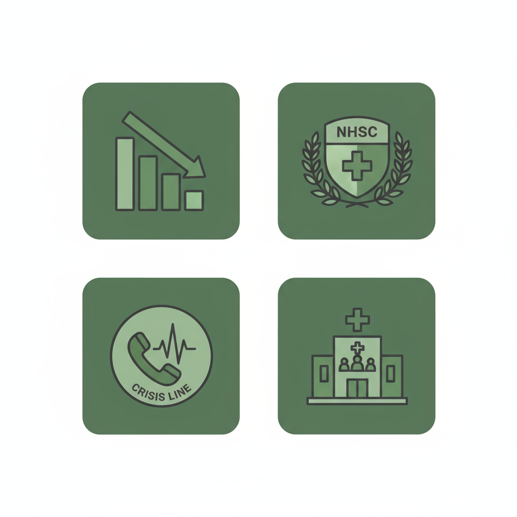 2x2 icon grid depicting sliding-fee, NHSC, crisis line, and community clinic options.