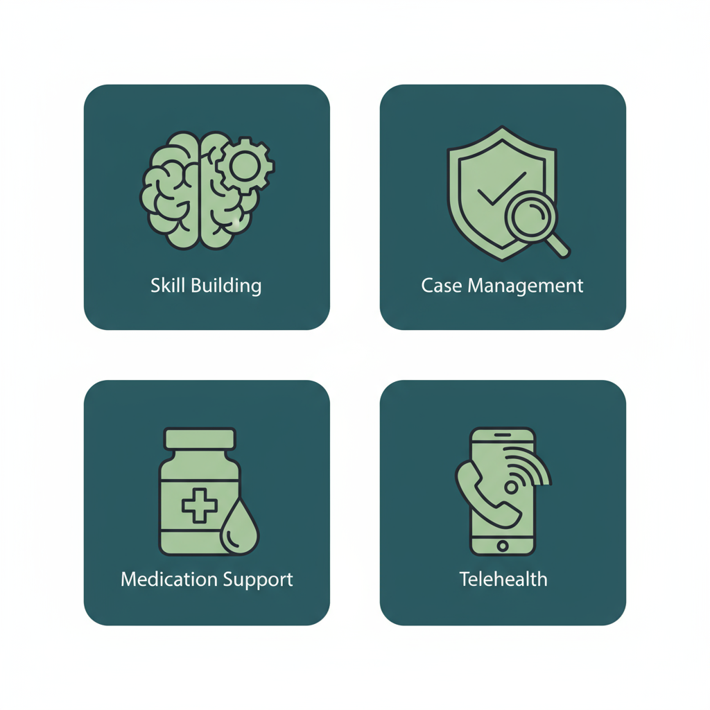Two-by-two icon grid representing skill building, case management, medication support, and telehealth.