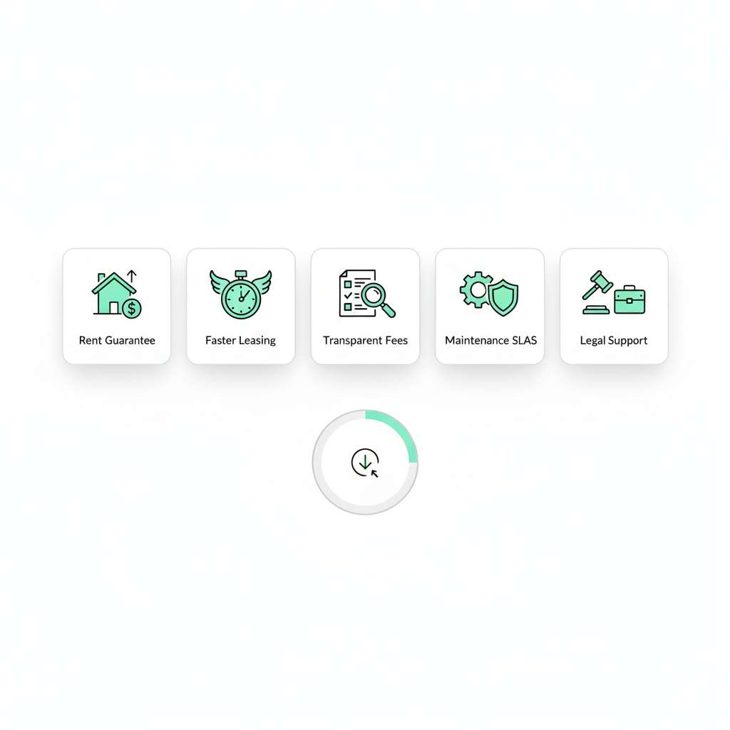 Five benefit icons in a single-row grid with a radial vacancy reduction indicator.