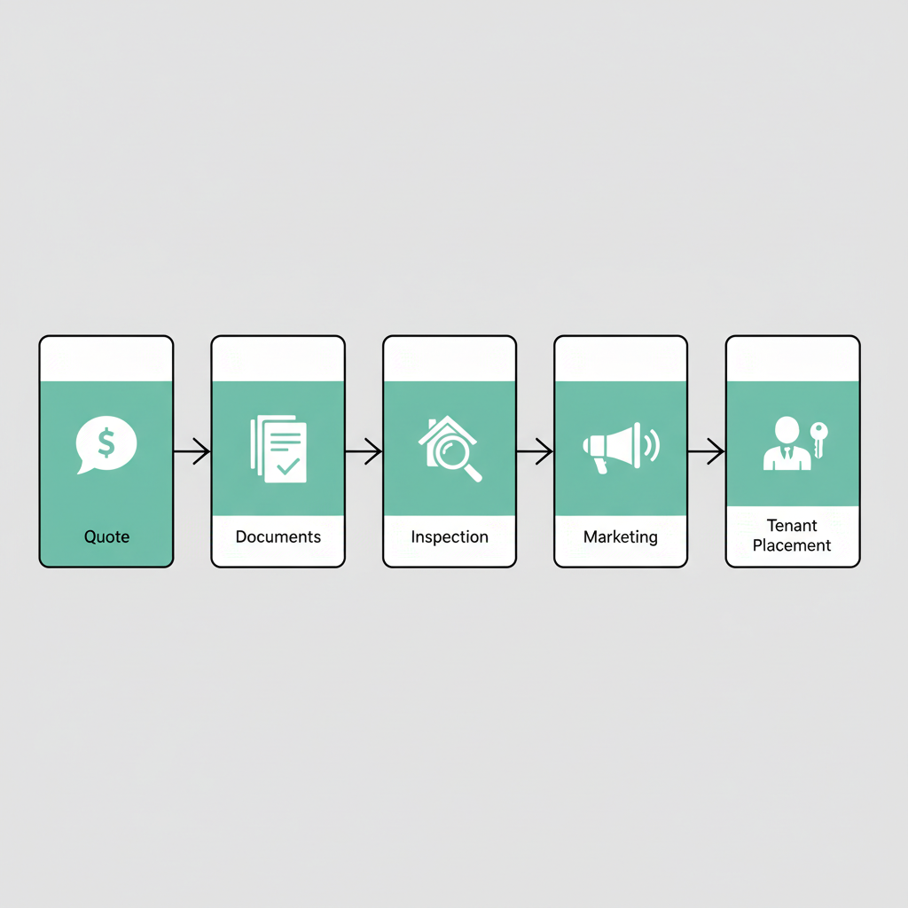 Horizontal process flow diagram showing five landlord onboarding stages: Quote, Documents, Inspection, Marketing, Tenant Placement.