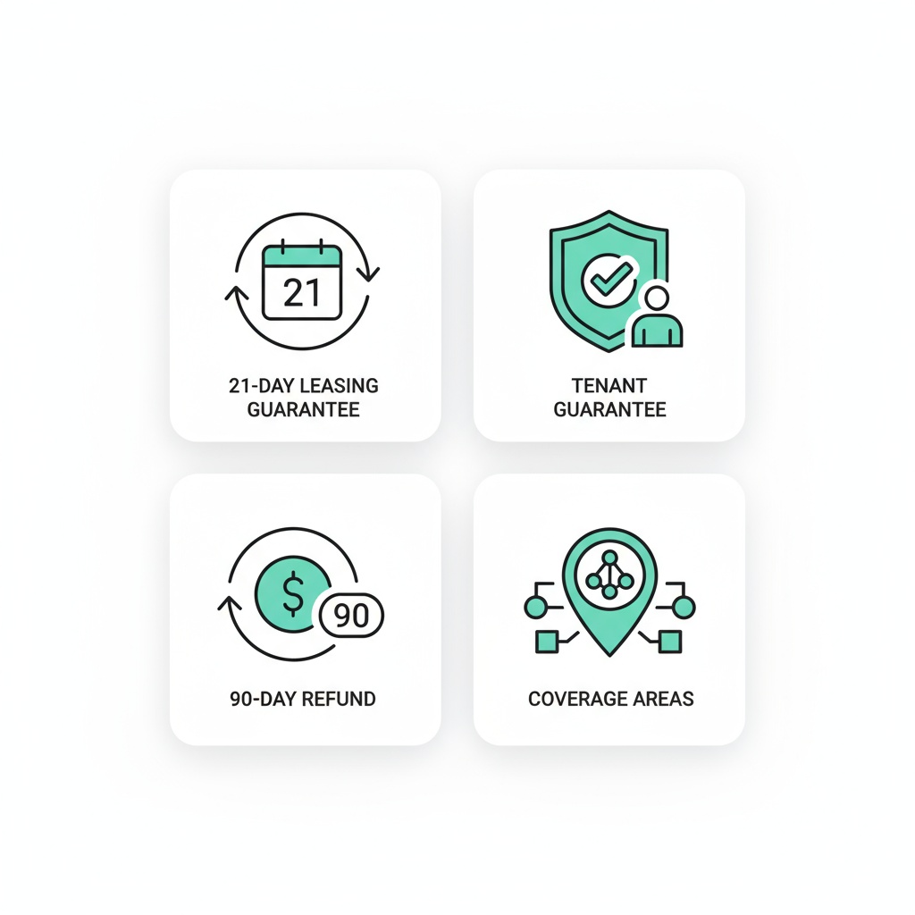 2x2 icon grid highlighting guarantees and coverage areas: leasing guarantee, tenant guarantee, 90-day refund, and service coverage areas.