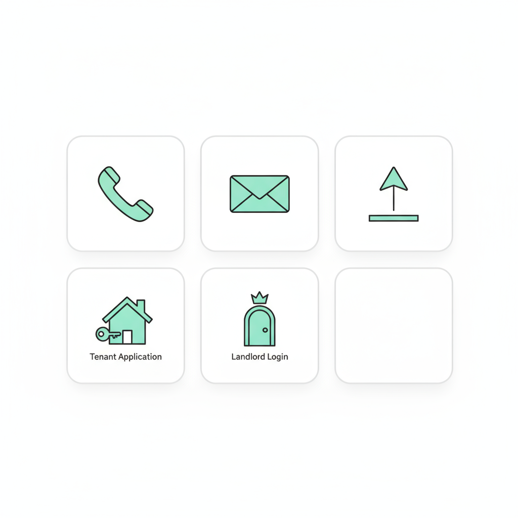 Contact icons for call, email, directions, tenant apply and landlord login