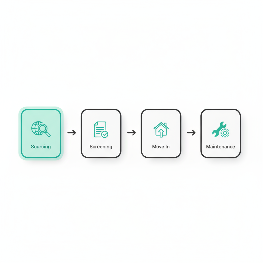 Process flow showing sourcing, screening, move‑in and maintenance steps
