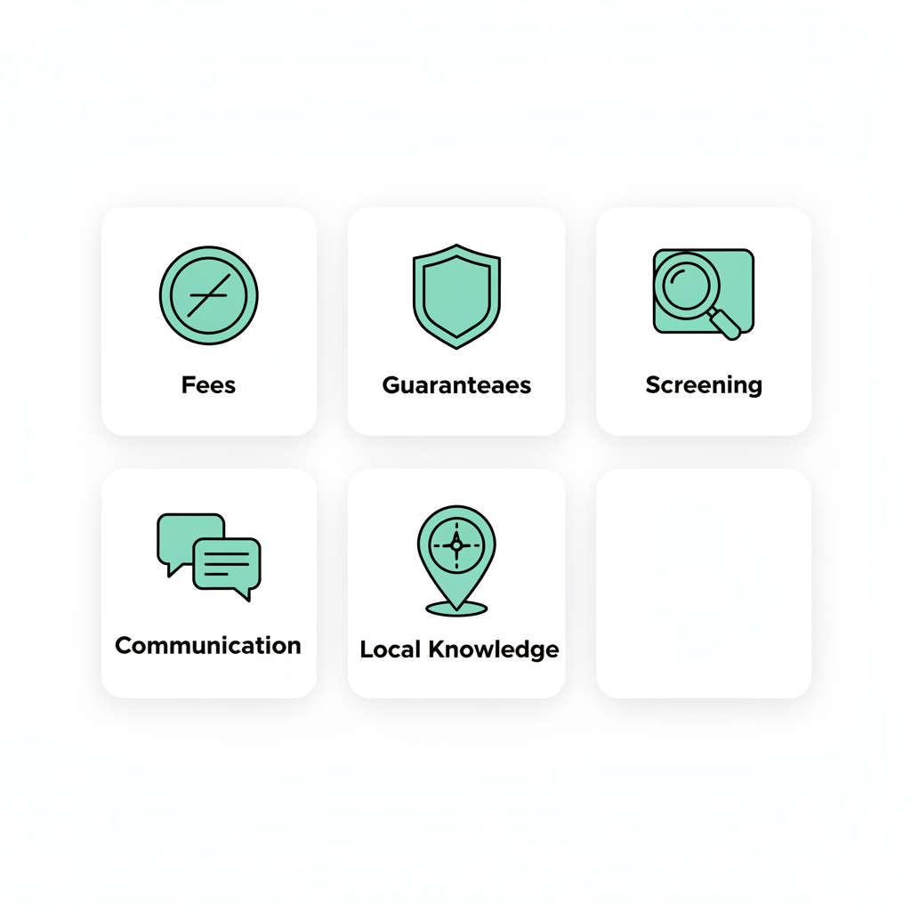 3x2 icon grid illustrating checklist items for choosing a property manager